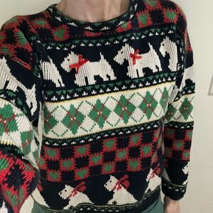 Vintage holiday Scotty dog puppy sweater Christmas medium m red green